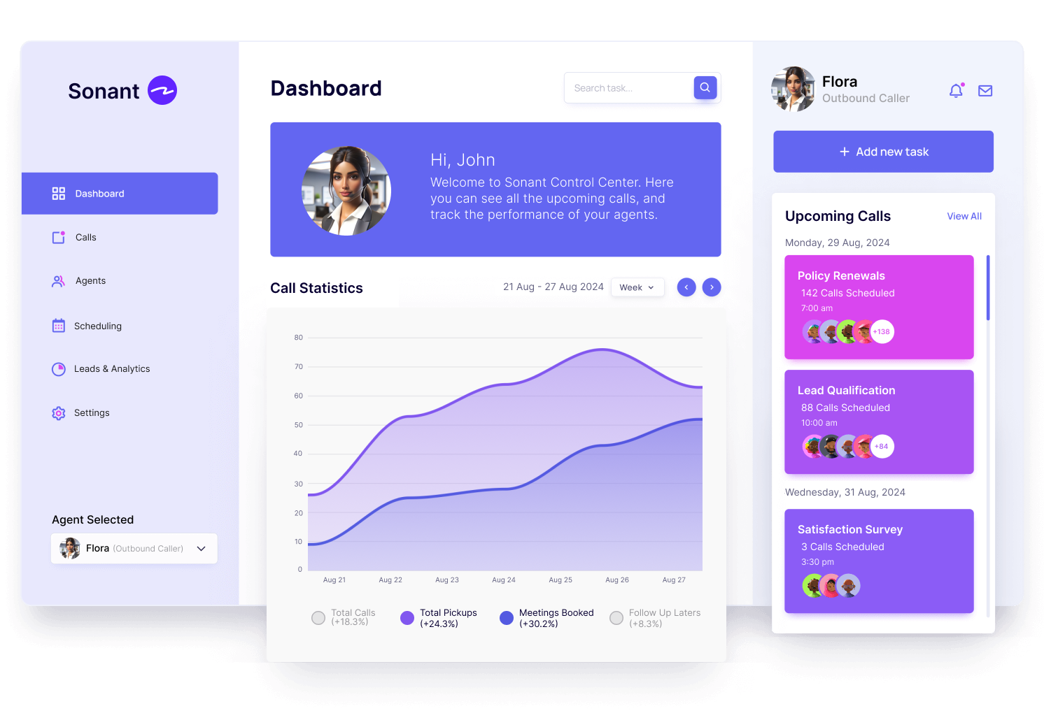 Sonant dashboard showcasing AI insurance agent Flora and features for managing tasks.