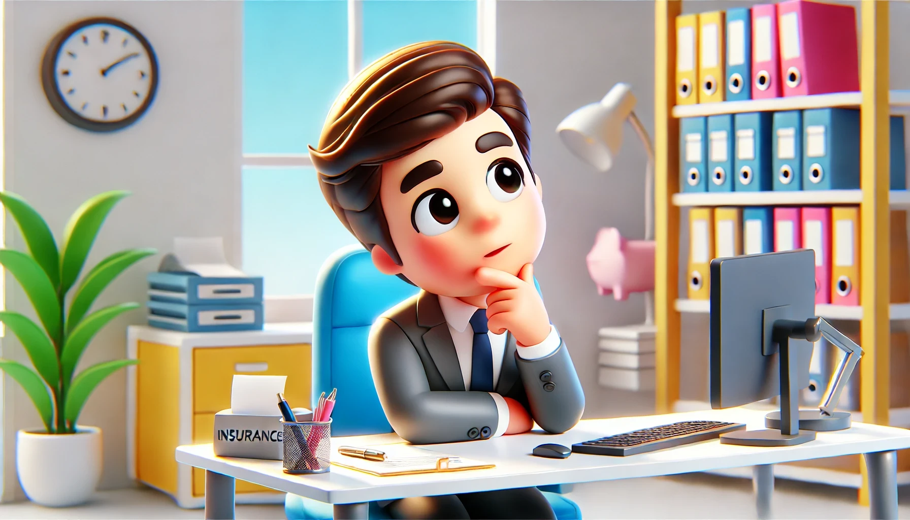 A modern office setting featuring an insurance agent sitting at a desk wondering or deep in thought. The agent is thinking about the Pros and Cons of AI and Human Agents in Insurance