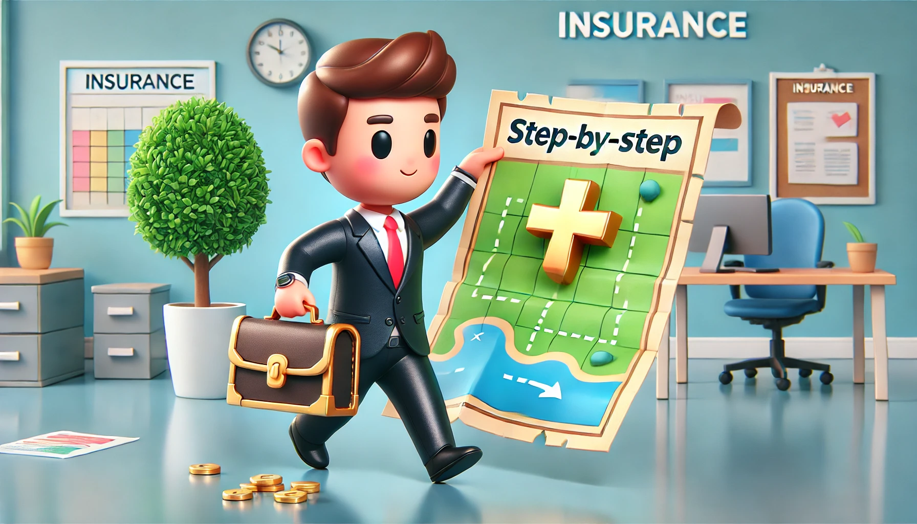 3D cartoonish illustration of an insurance agent holding a map with a large 'X' marked, representing a treasure or goal. The agent is looking determined while following a step-by-step guide in an office environment. The scene includes elements like a desk and computer, with vibrant colors, soft edges, and a playful yet professional style.