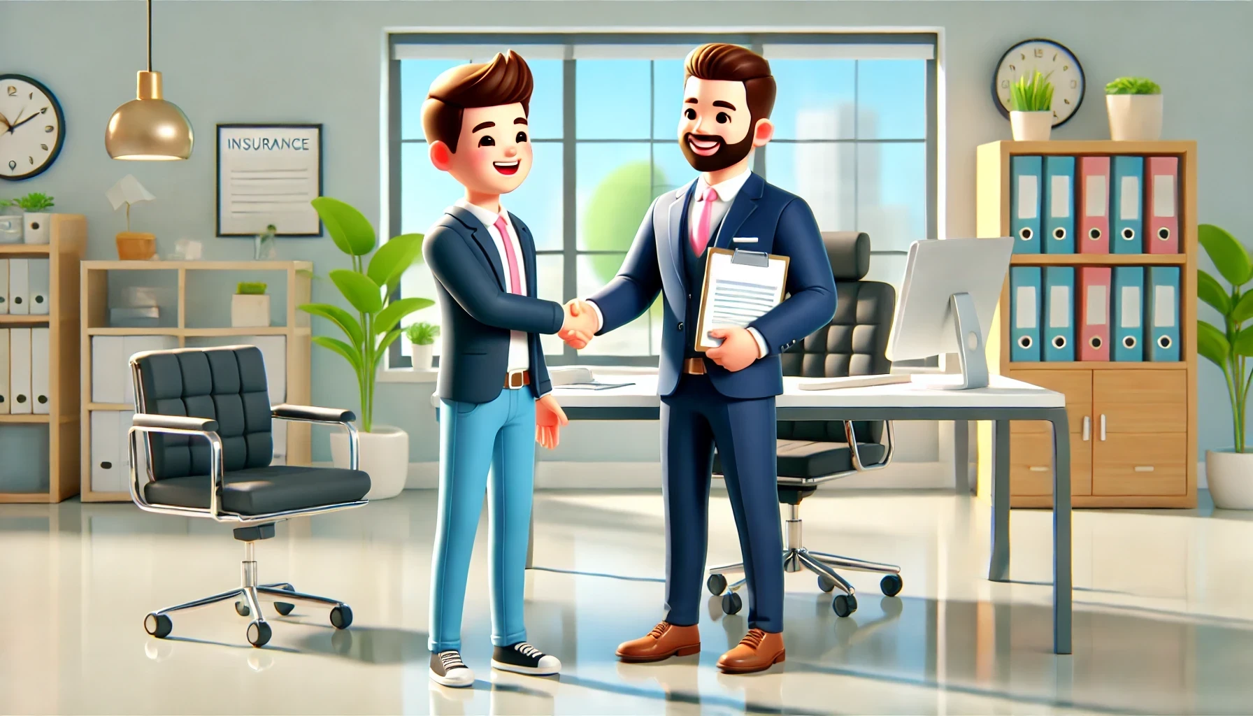 3D cartoonish illustration of an insurance agent greeting a customer with a handshake in a modern office setting. Both the agent and the customer are smiling, with office elements like a desk, chairs, and a computer in the background. The scene is vibrant and professional, with soft edges and a playful yet polished 3D style, emphasizing a positive customer interaction.