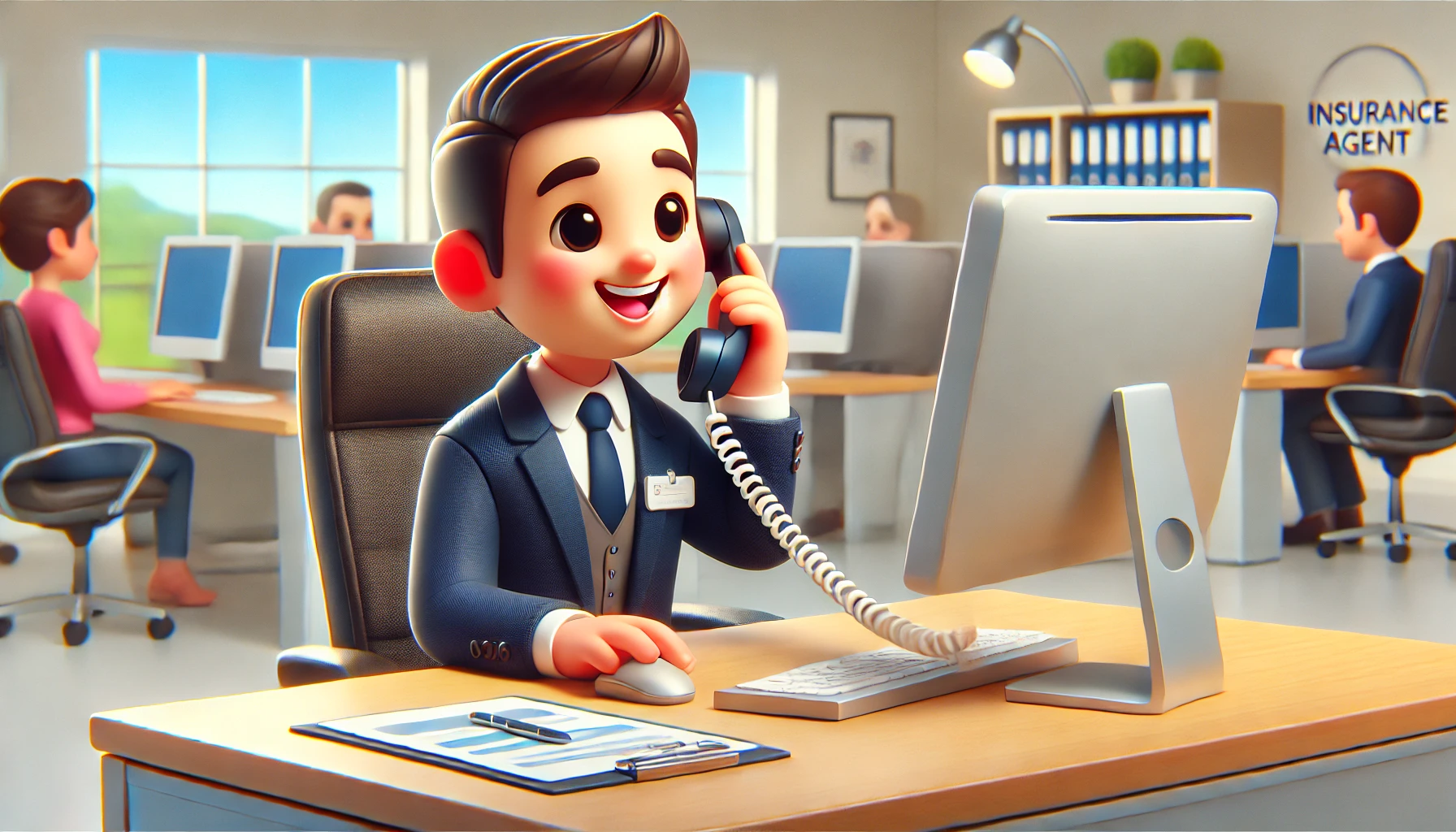 3D cartoonish illustration of an insurance agent on the phone, sitting at a desk in a modern office. The agent is smiling and holding the phone, engaging in a conversation. The background includes office elements like a computer, desk, and chair, with vibrant colors and a polished, professional 3D style.