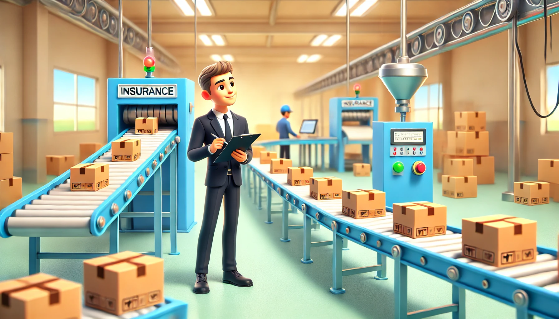 3D cartoonish illustration of an insurance agent in a factory setting, observing boxes moving from machine to machine. The agent is overseeing the process while taking notes, with conveyor belts and machinery in the background, all in a vibrant and playful 3D style.